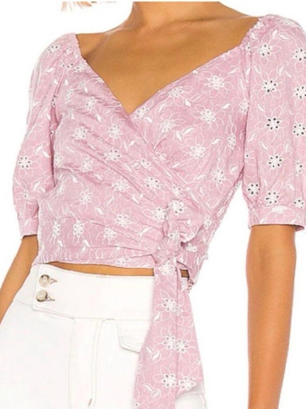 ASTR THE LABEL Pink Floral Eyelet Wrap Top
